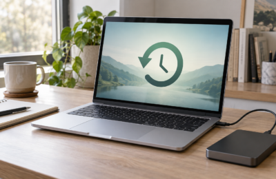 Aluminiowy laptop z symbolem kopii zapasowej i podłączonym dyskiem