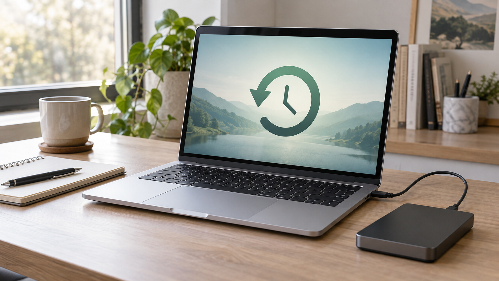 Aluminiowy laptop z symbolem kopii zapasowej i podłączonym dyskiem