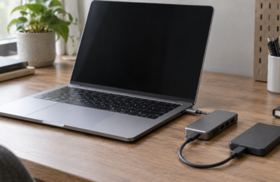 Aluminiowy laptop z hubem USB-C i zewnętrznym dyskiem SSD
