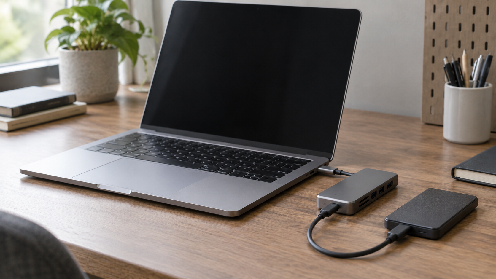 Aluminiowy laptop z hubem USB-C i zewnętrznym dyskiem SSD