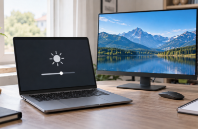 Laptop z symbolicznym suwakiem jasności obok monitora