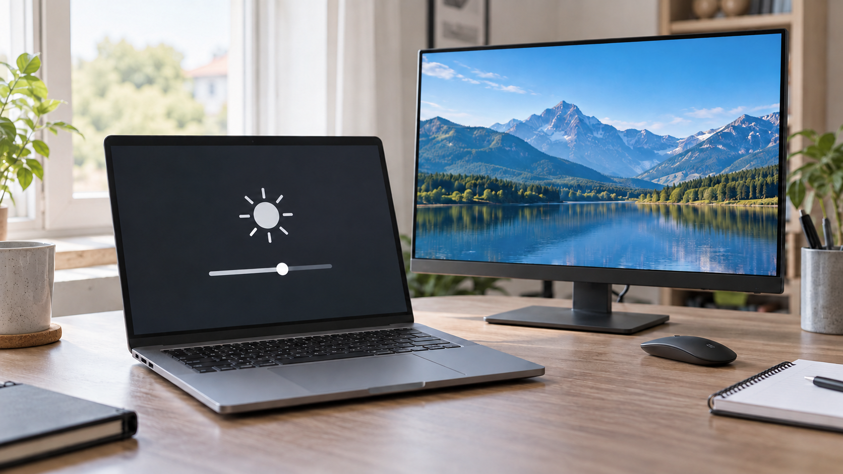 Laptop z symbolicznym suwakiem jasności obok monitora