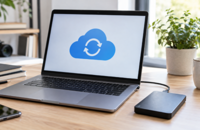 Laptop z symbolem synchronizacji chmury i zewnętrzny dysk