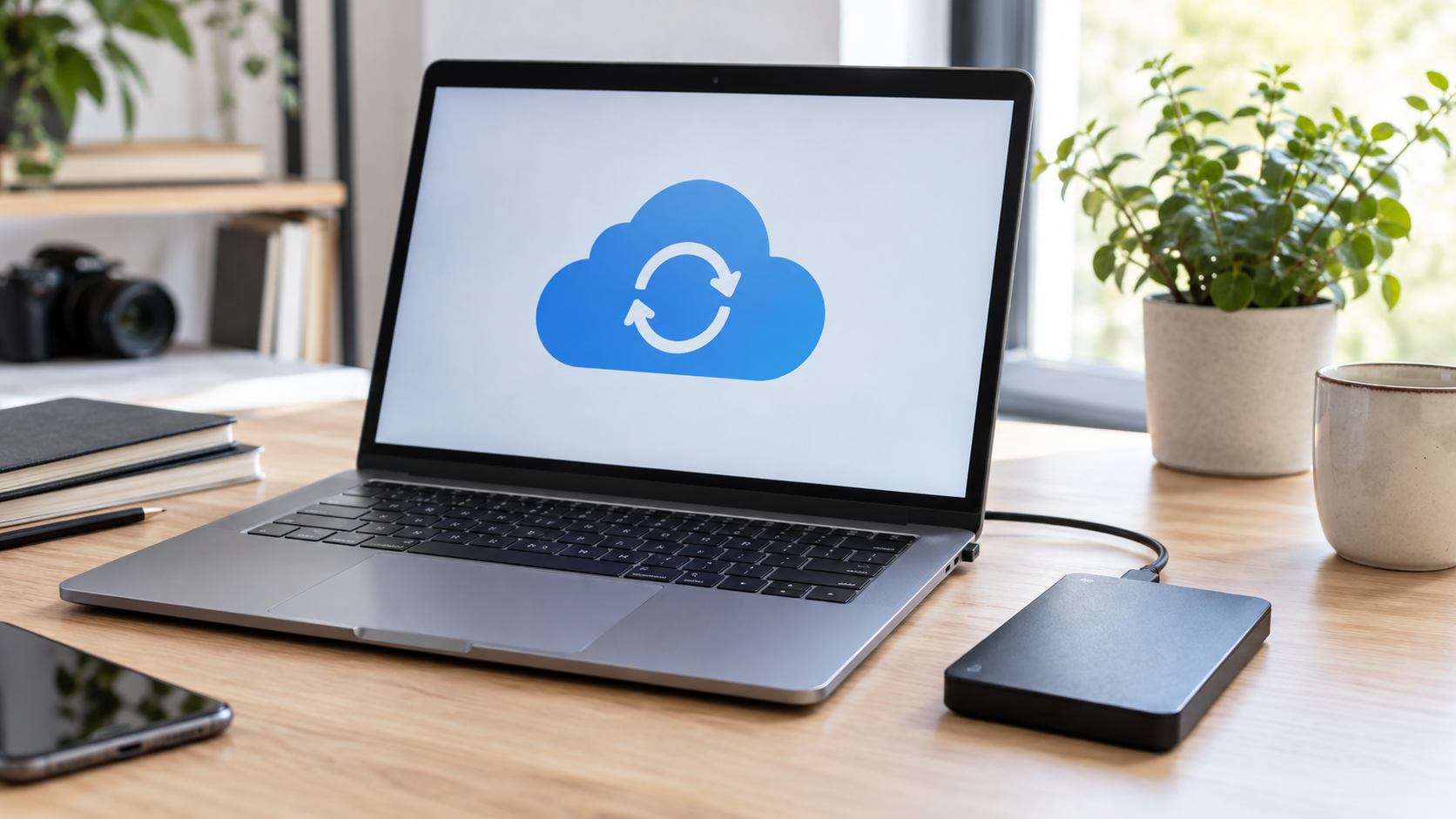 Laptop z symbolem synchronizacji chmury i zewnętrzny dysk