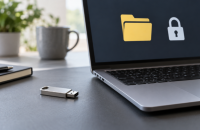 Pendrive obok laptopa z symbolicznym folderem i kłódką