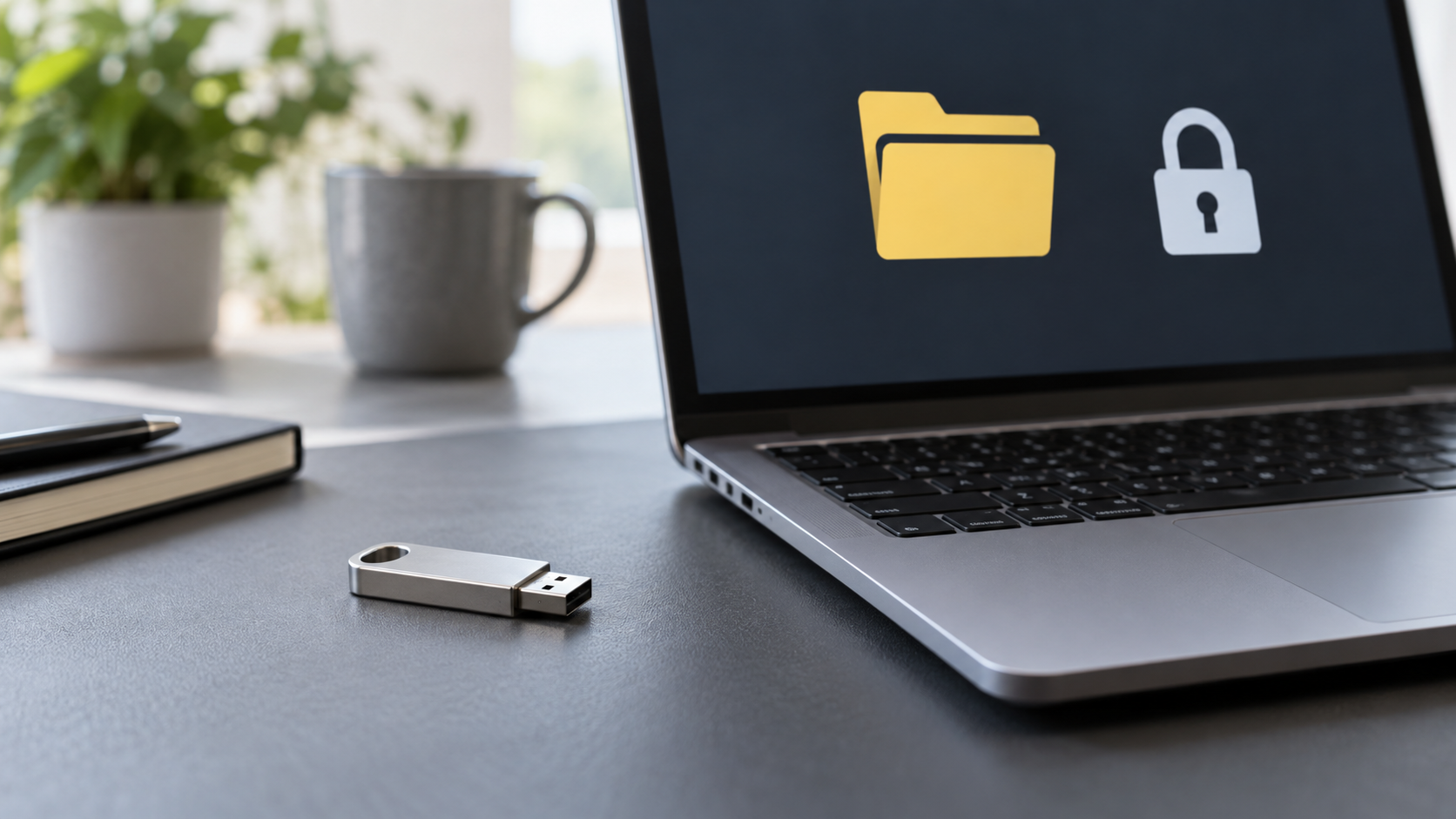 Pendrive obok laptopa z symbolicznym folderem i kłódką