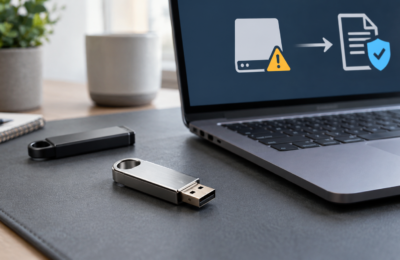 Pendrive obok laptopa i zapasowego dysku na macie