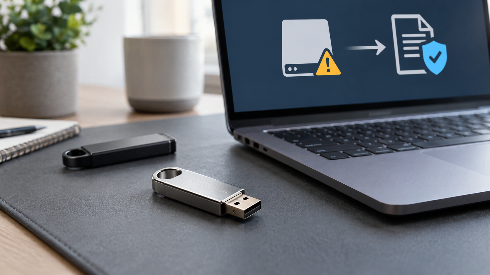 Pendrive obok laptopa i zapasowego dysku na macie