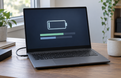 Laptop z symbolicznym raportem baterii i zasilaczem