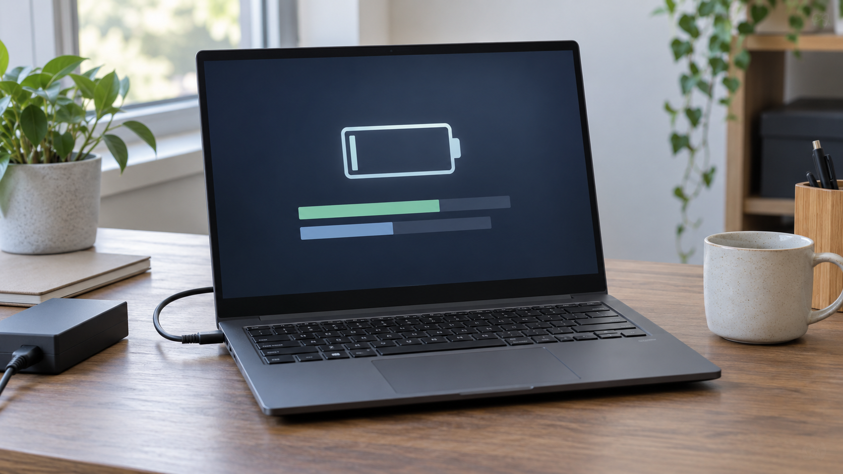Laptop z symbolicznym raportem baterii i zasilaczem
