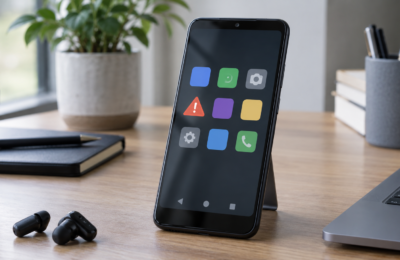 Telefon Android z symbolicznymi ikonami aplikacji i ostrzeżeniem