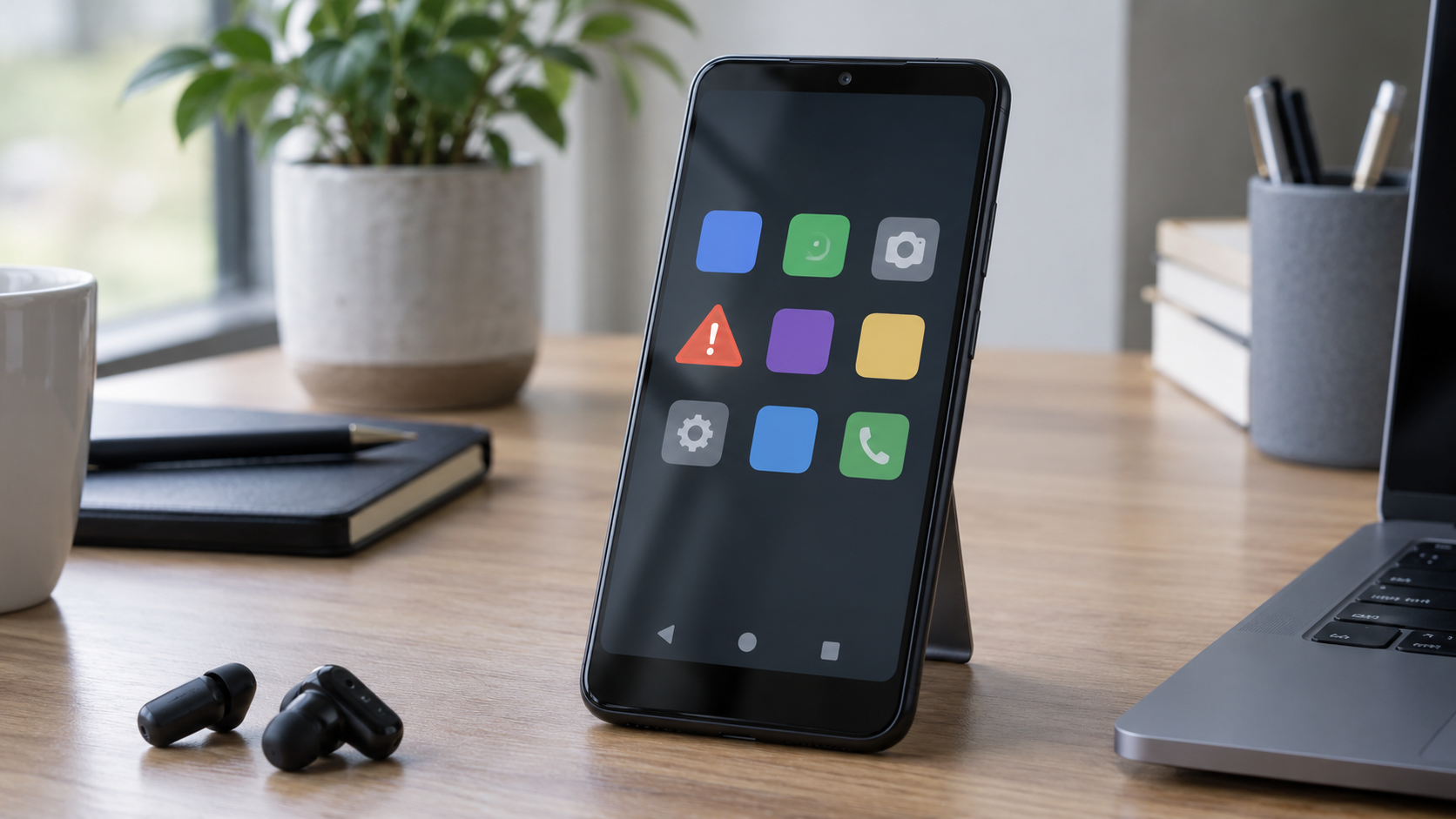 Telefon Android z symbolicznymi ikonami aplikacji i ostrzeżeniem