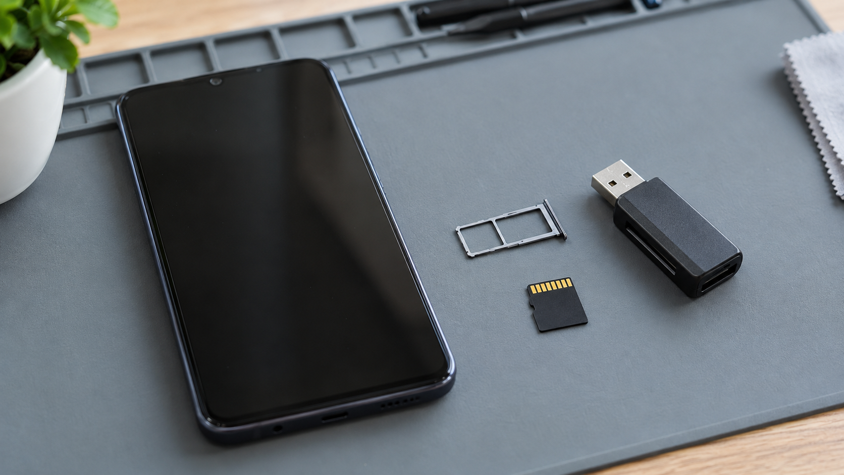 Telefon Android obok karty microSD, tacki i czytnika USB