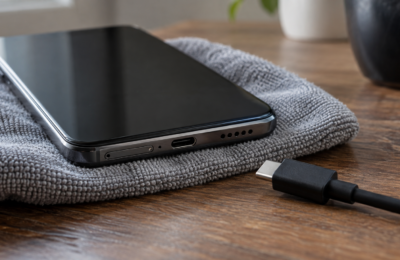 Telefon z portem USB-C na suchej ściereczce obok odłączonego kabla