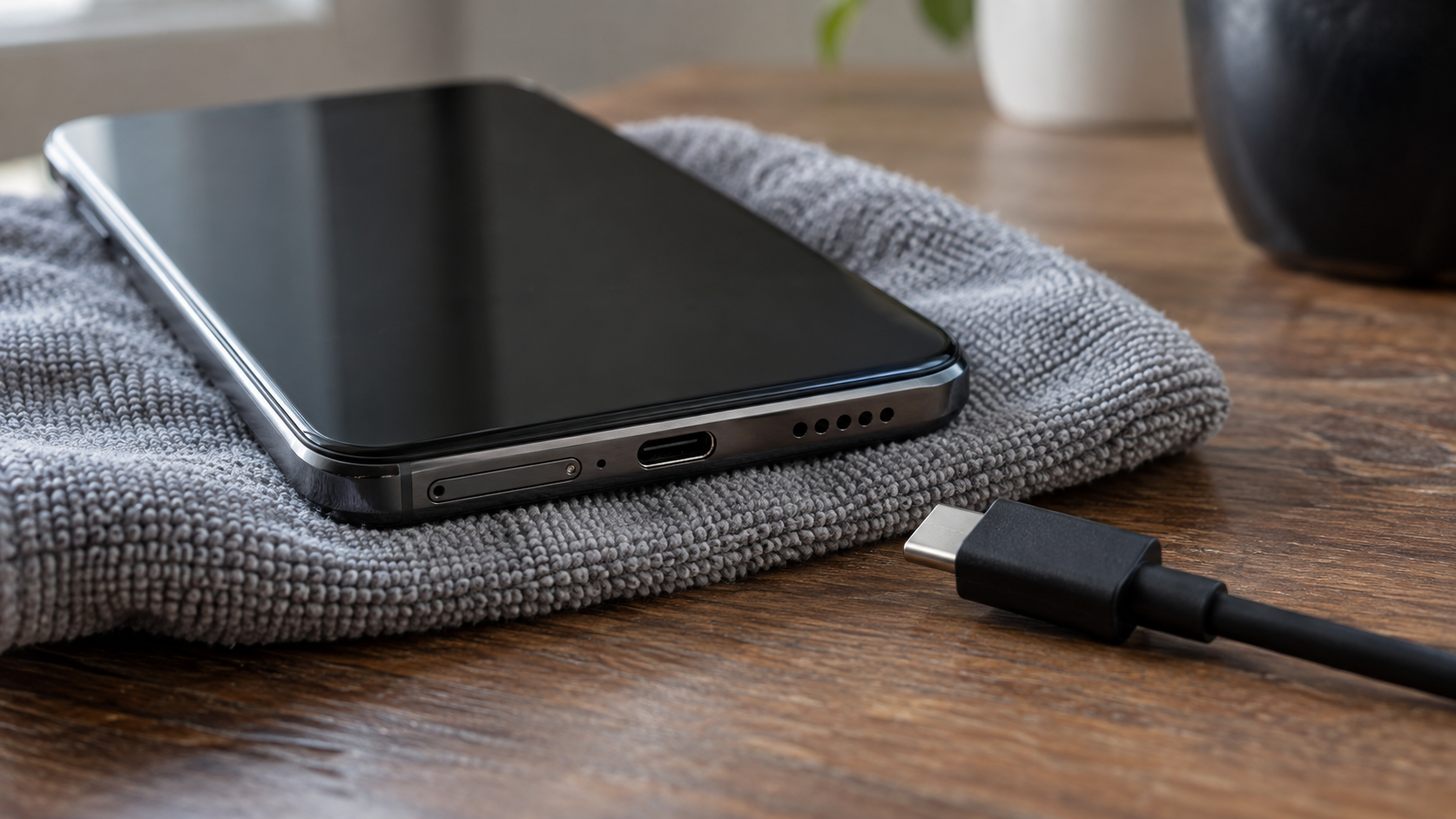 Telefon z portem USB-C na suchej ściereczce obok odłączonego kabla