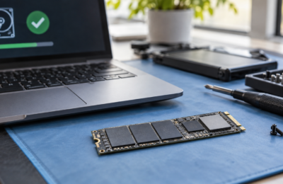Dysk NVMe SSD na macie obok laptopa