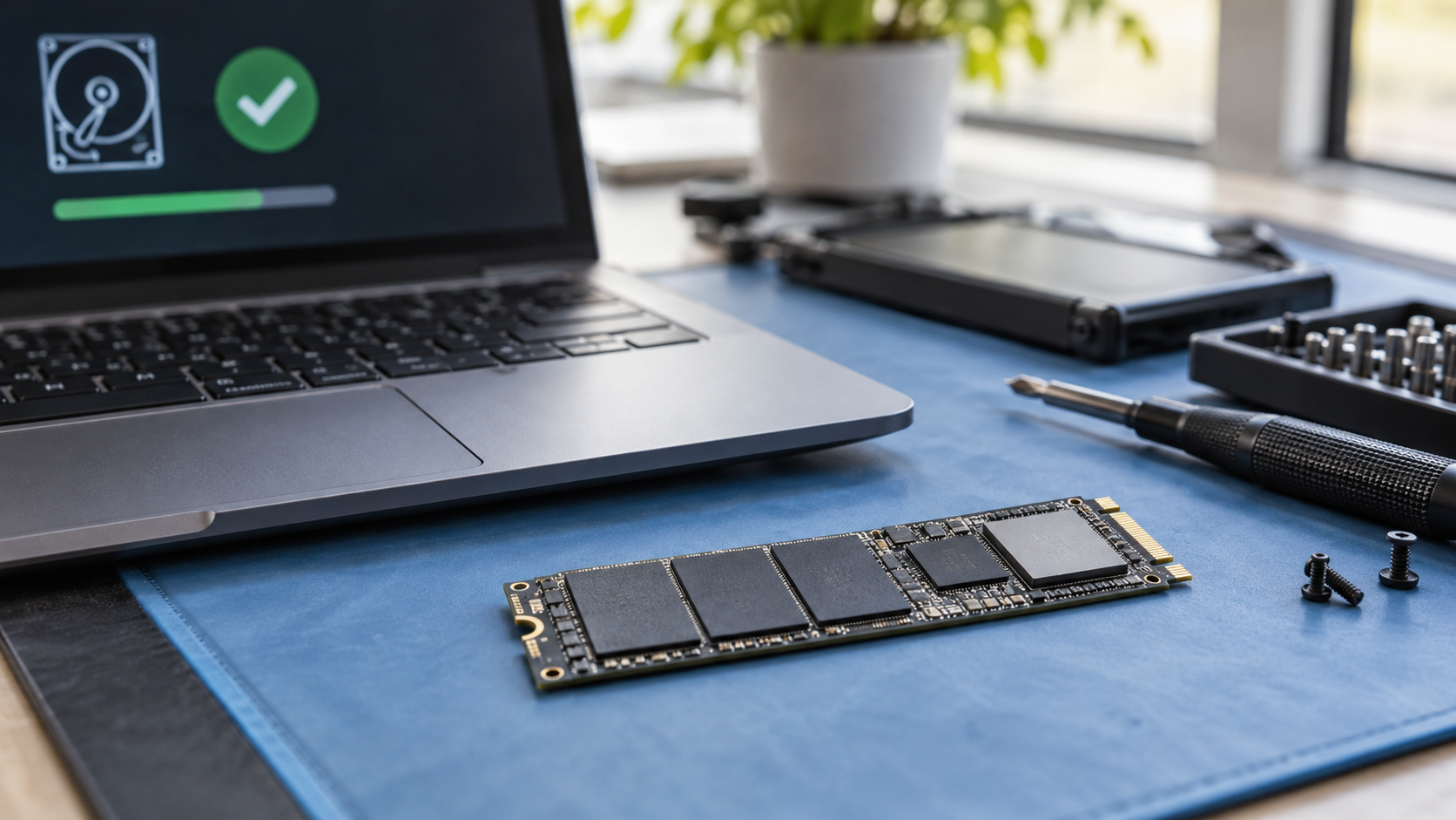 Dysk NVMe SSD na macie obok laptopa