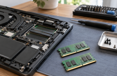 Moduły pamięci RAM obok otwartego laptopa na macie