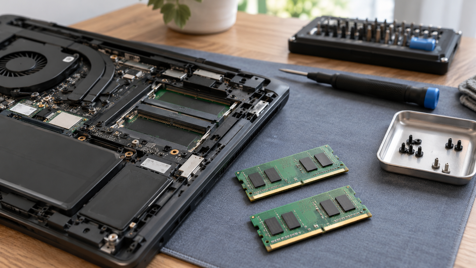 Moduły pamięci RAM obok otwartego laptopa na macie
