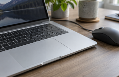 Zbliżenie touchpada laptopa z myszą leżącą obok