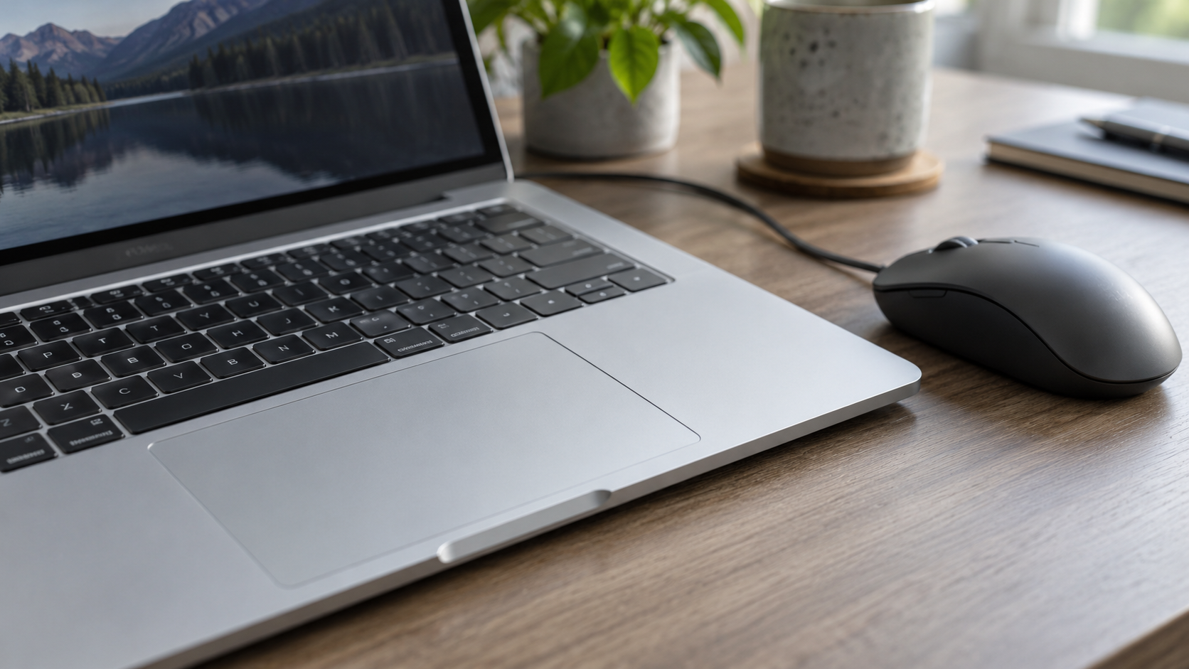 Zbliżenie touchpada laptopa z myszą leżącą obok